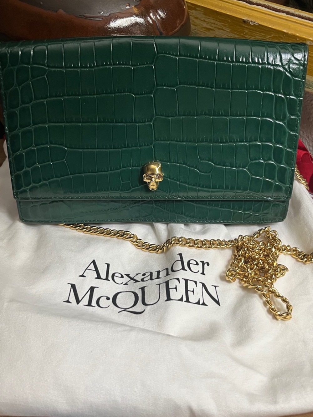 Alexander McQueen Green Croc-Embossed Skull Chain Bag